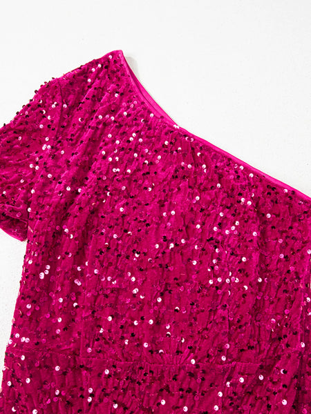 Sequin One-Shoulder Dress with High Slit - alternate view 4