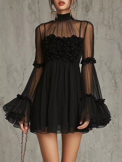 Sheer Mesh Flare Sleeve Mini Dress