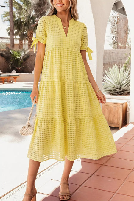 Gingham Textured Bow Tie Short Sleeve Tiered Midi Dress - alternate view 2