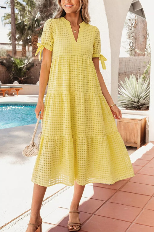 Gingham Textured Bow Tie Short Sleeve Tiered Midi Dress - alternate view 2