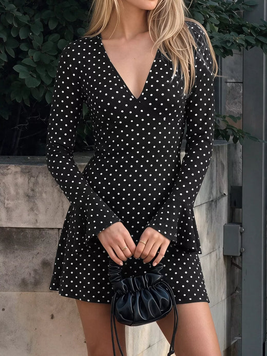 Polka Dot Long Sleeve Ruffle Hem Mini Dress - alternate view 1