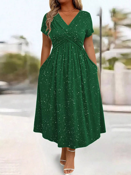 Full Size Twisted Front Short Sleeve Midi Dress with Pockets Plus Size - alternate view 10