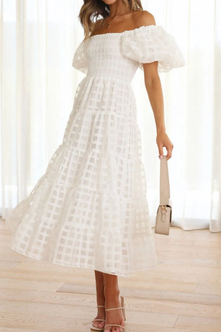Off Shoulder Short Puff Sleeve Midi Dress - alternate view 12