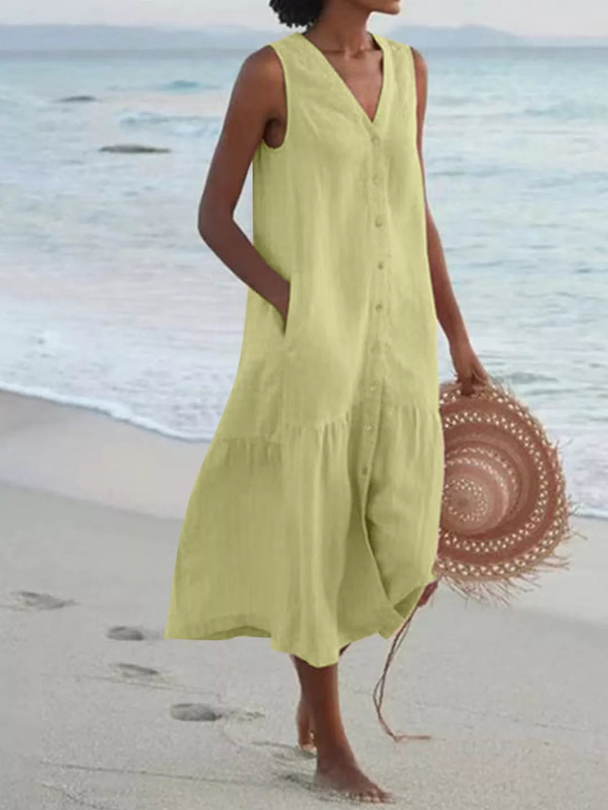 Full Size V-Neck Button Front Sleeveless Midi Dress Plus Size - alternate view 16