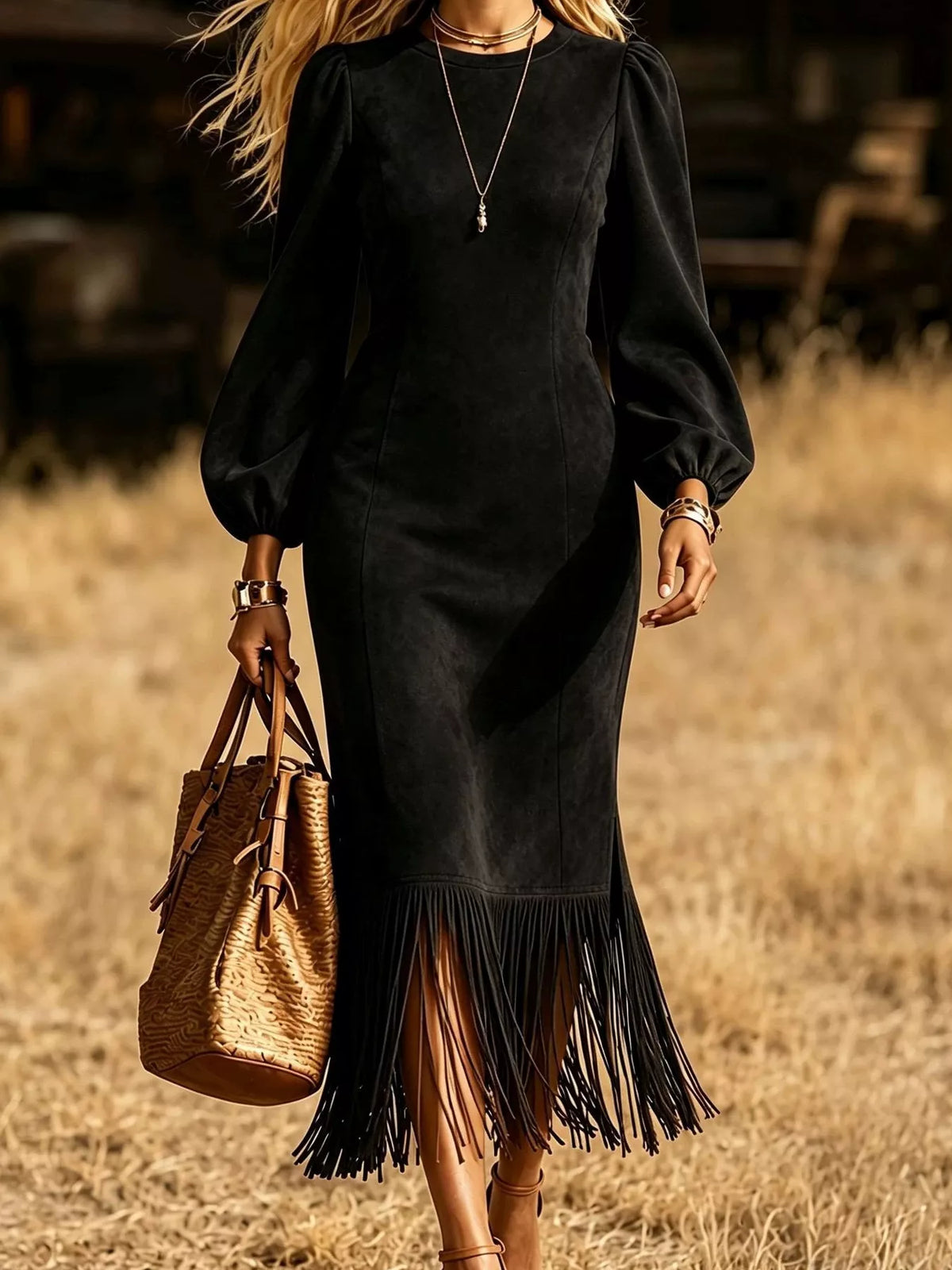 Fringe Hem Balloon Sleeve Midi Dress - alternate view 3