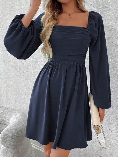 Ruched Square Neck Long Sleeve A-Line Dress - alternate view 21