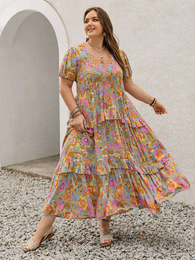 Printed V-Neck Short Sleeve Maxi Dress