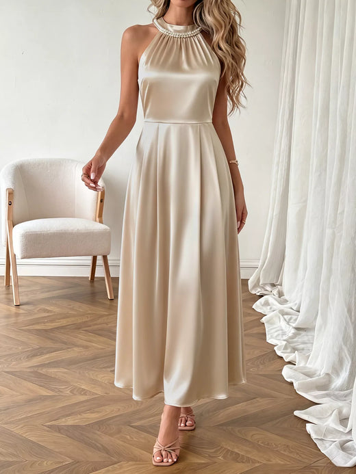 Pearl Halter Satin Midi Dress - alternate view 5