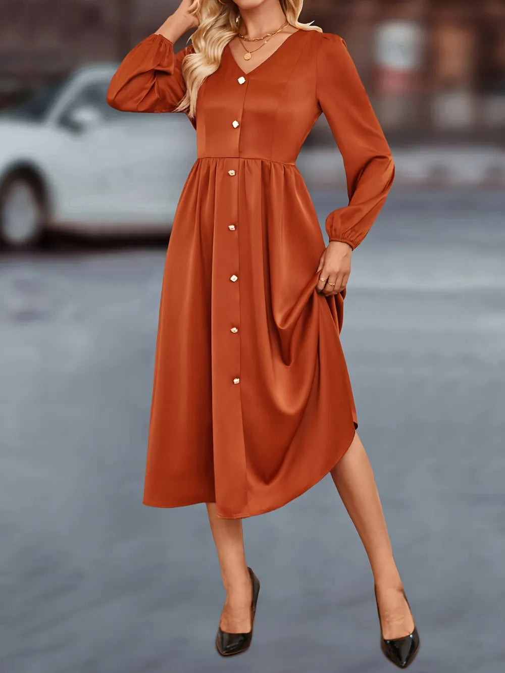 V-Neck Balloon Sleeve Midi Dress - alternate view 3