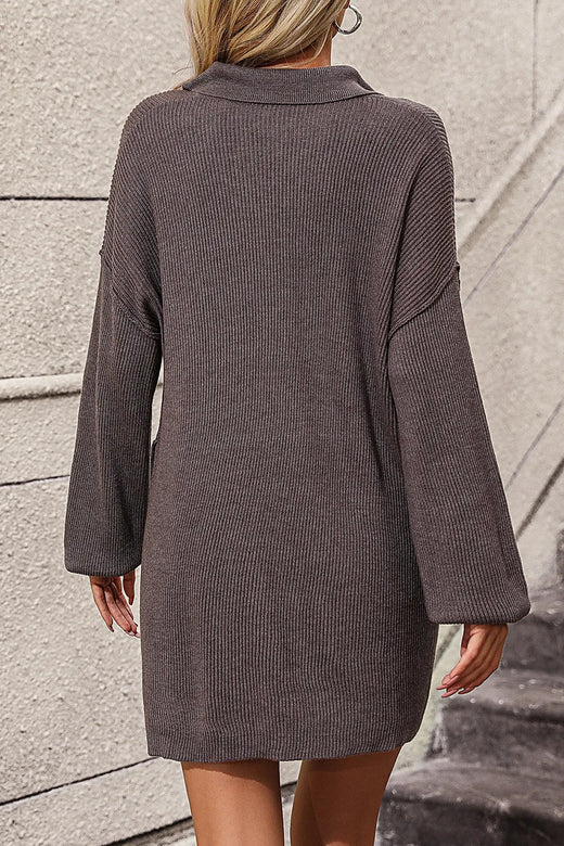 Collared Neck Long Sleeve Sweater Dress with Pockets - alternate view 1