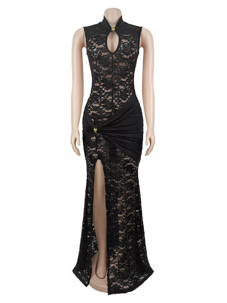 Lace Keyhole High-Slit Maxi Dress - alternate view 2