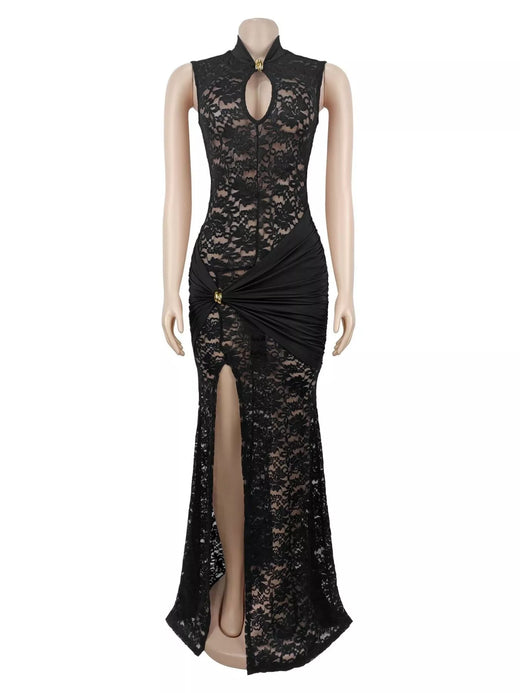 Lace Keyhole High-Slit Maxi Dress - alternate view 2