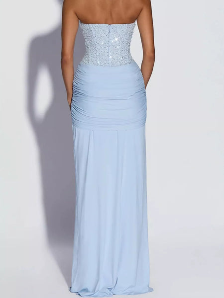 Elegant Strapless Sequin Corset Maxi Dress with Draped Waist Detail - alternate view 14