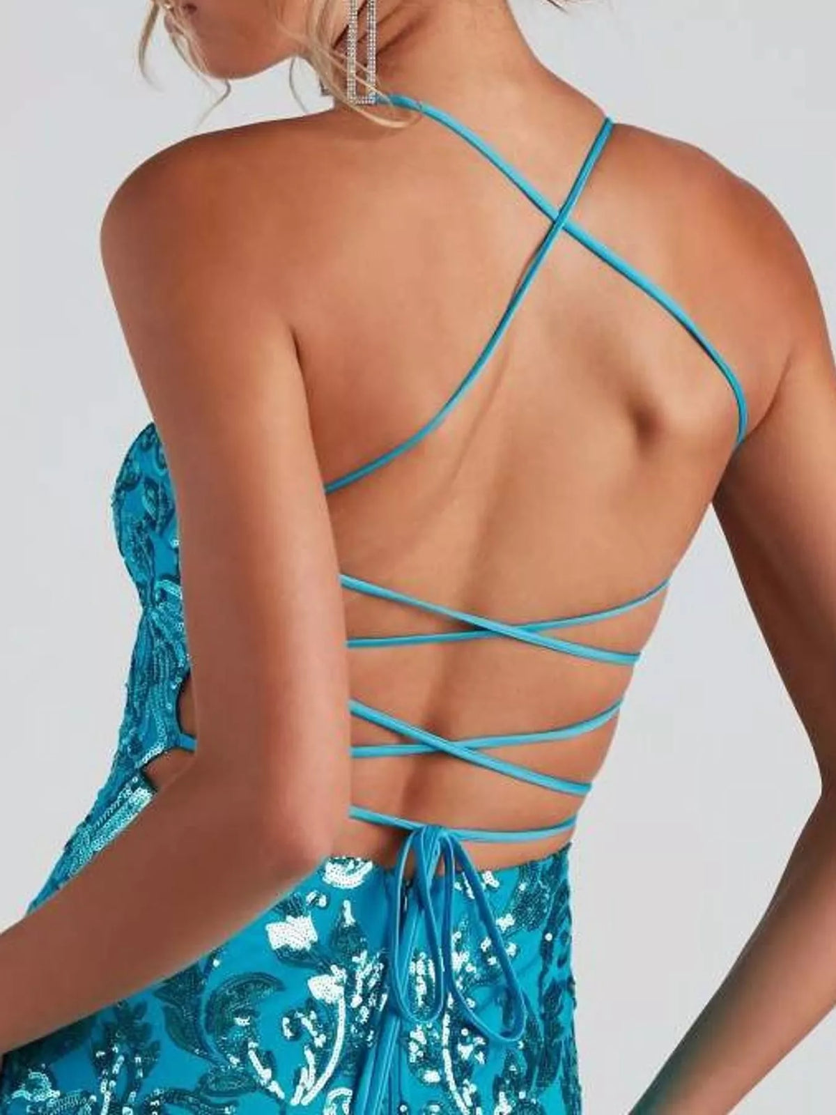 Sequin Embellished Bodycon Backless Evening Dress with Back Lace-Up - alternate view 4