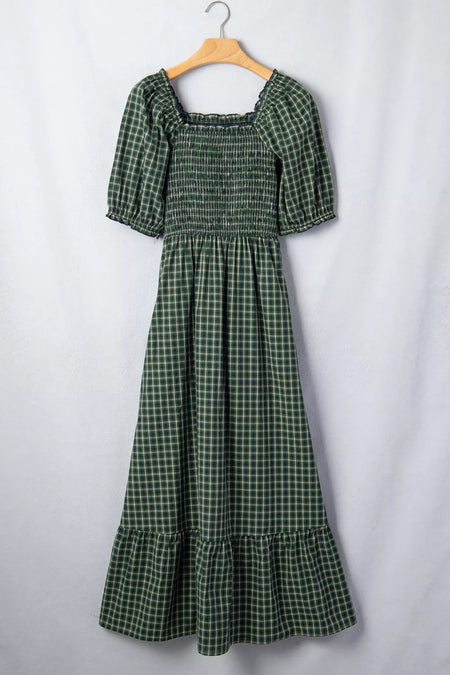 Plaid Square Neck Shirred High Waist Ruffle Hem Maxi Dress - alternate view 6