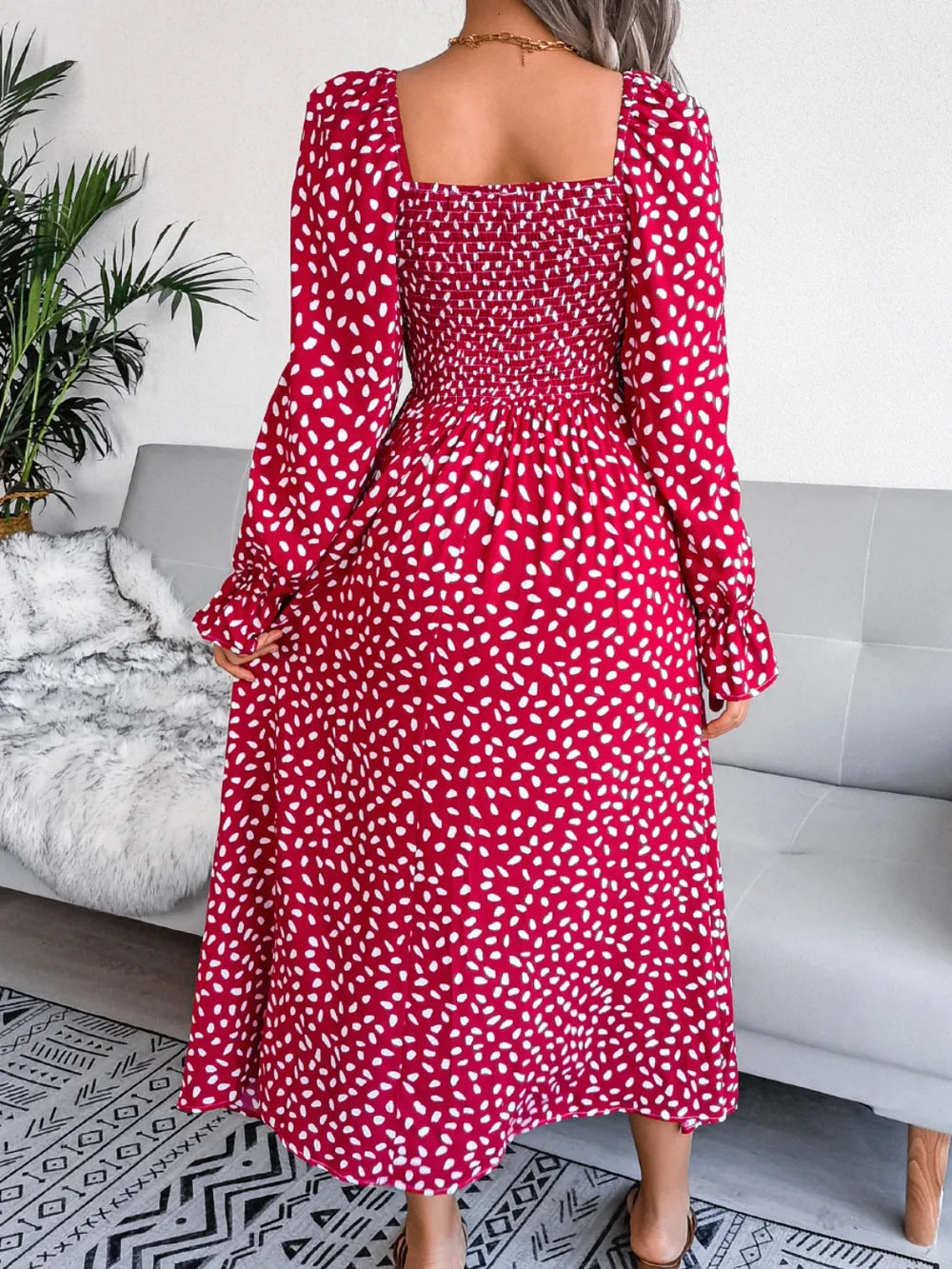 Smocked Square Neck Flounce Sleeve Dress - alternate view 7