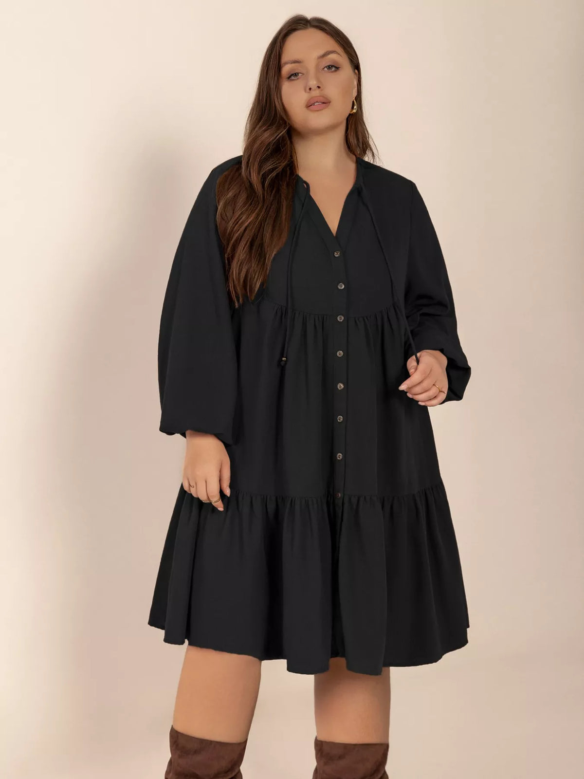 Button Front Balloon Sleeve Dress - alternate view 4