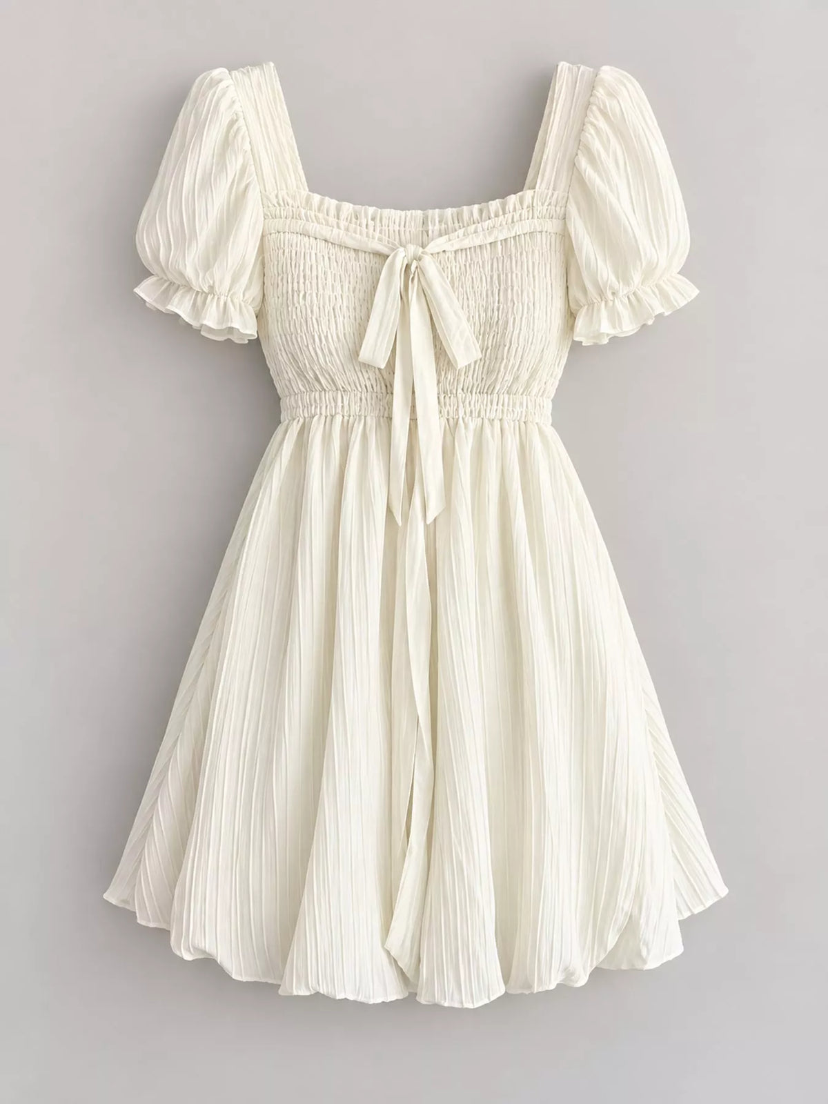Puff-Sleeve Smocked Mini Dress with Tie-Front Detail - alternate view 4