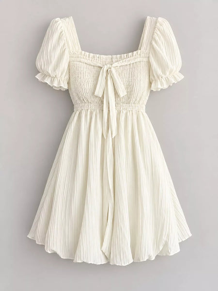 Puff-Sleeve Smocked Mini Dress with Tie-Front Detail - alternate view 4