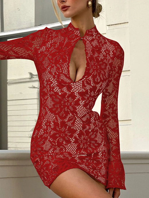 Lace Cut-Out Long Sleeve Mini Dress - alternate view 3