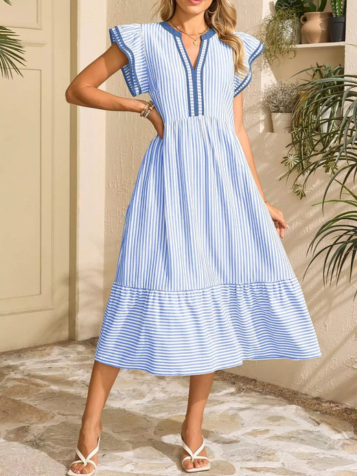 Striped Notched Ruffle Sleeve Dress - alternate view 2