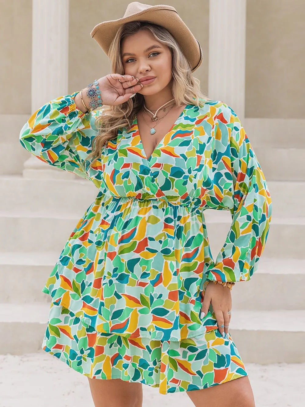 Printed Surplice Long Sleeve Mini Dress - alternate view 3