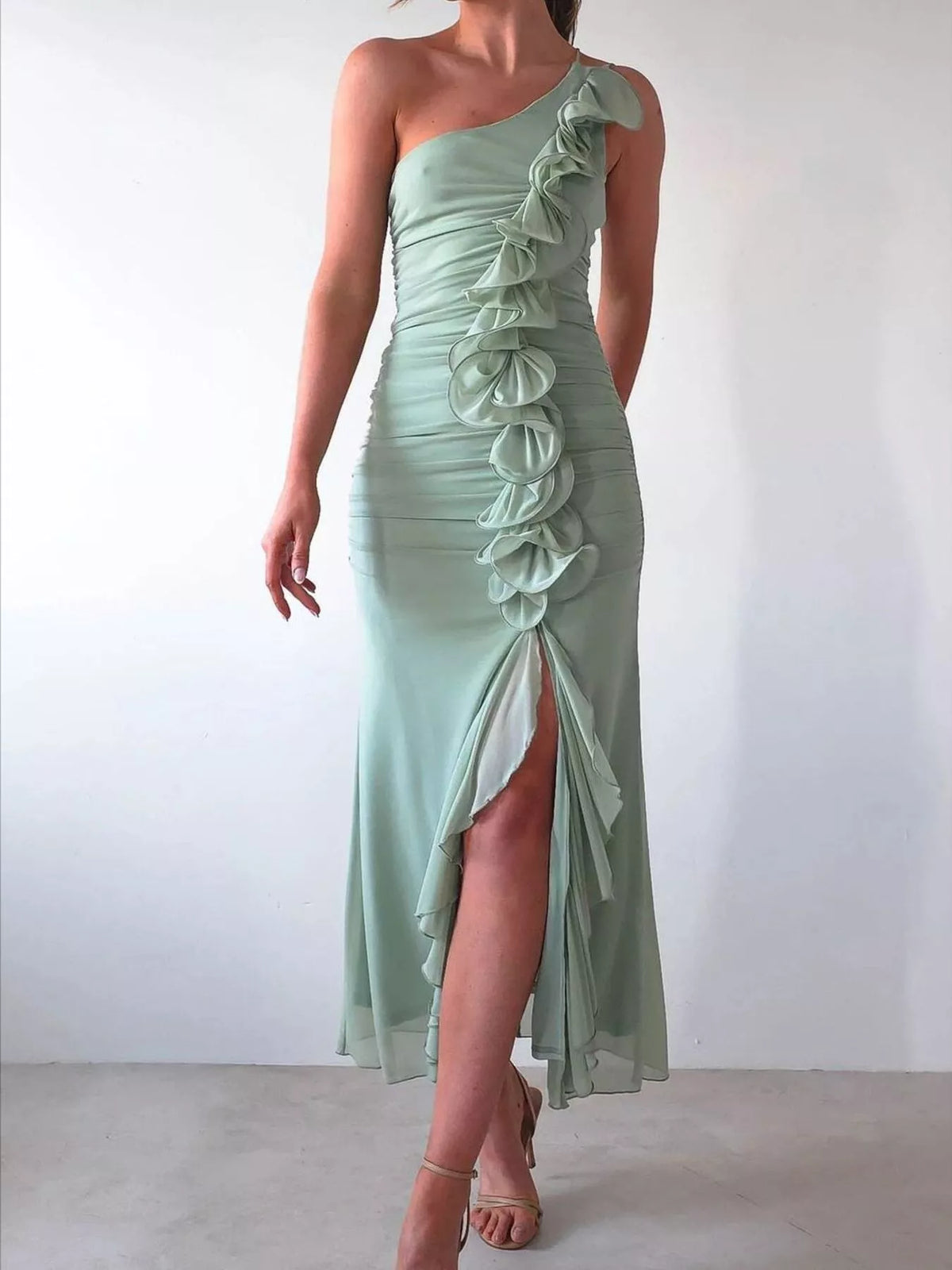 One-Shoulder Ruffle Slit Dress
