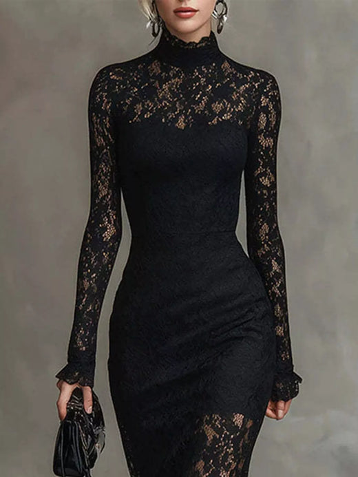 Elegant Lace Mock Neck Mermaid Midi Dress - alternate view 2