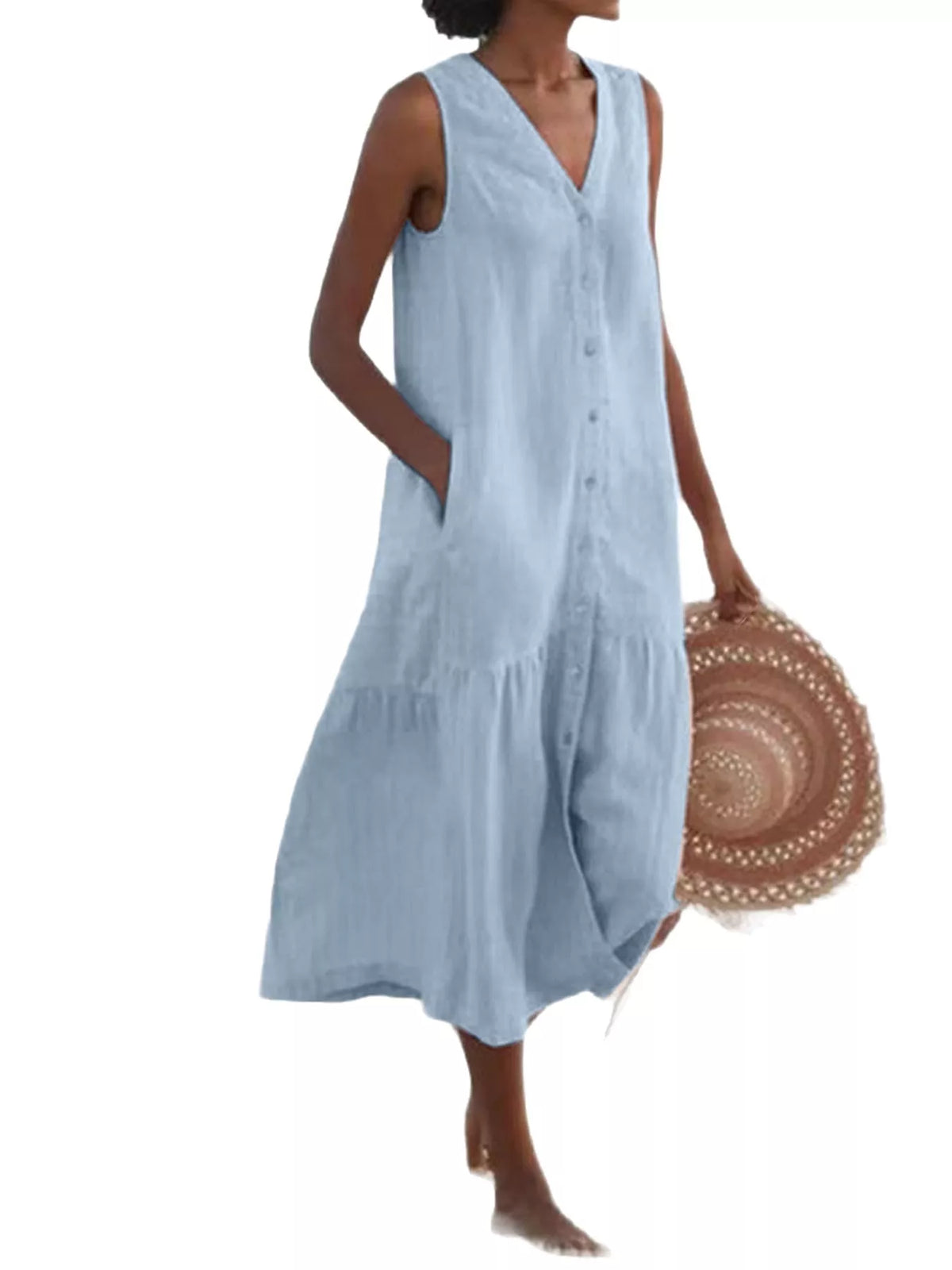 Full Size V-Neck Button Front Sleeveless Midi Dress Plus Size - alternate view 11