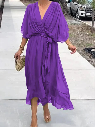 Flowy Tie Front Midi Dress with Flutter Sleeves - alternate view 16