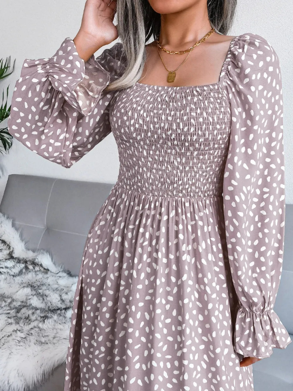 Smocked Square Neck Flounce Sleeve Dress - alternate view 14