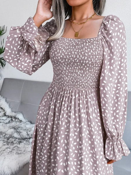 Smocked Square Neck Flounce Sleeve Dress - alternate view 14
