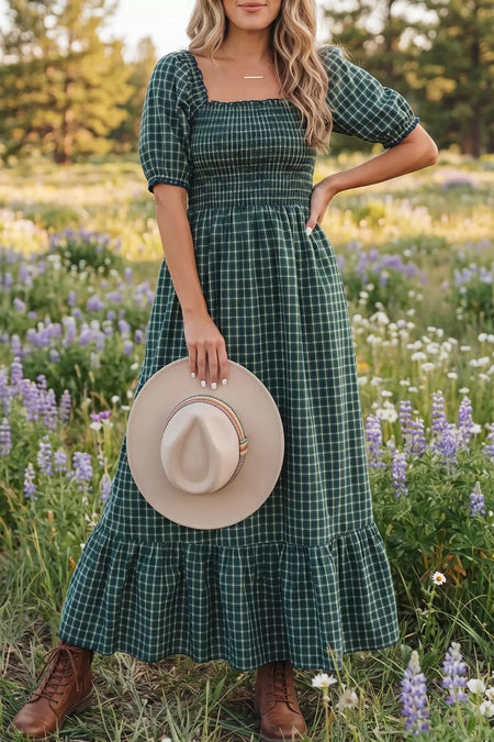 Plaid Square Neck Shirred High Waist Ruffle Hem Maxi Dress - alternate view 3