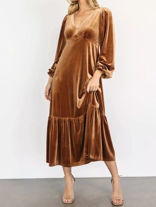 Velvet Tiered Long Sleeve Midi Dress - alternate view 3