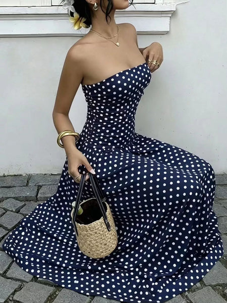 Strapless Polka Dot Ruched Maxi Dress - alternate view 31