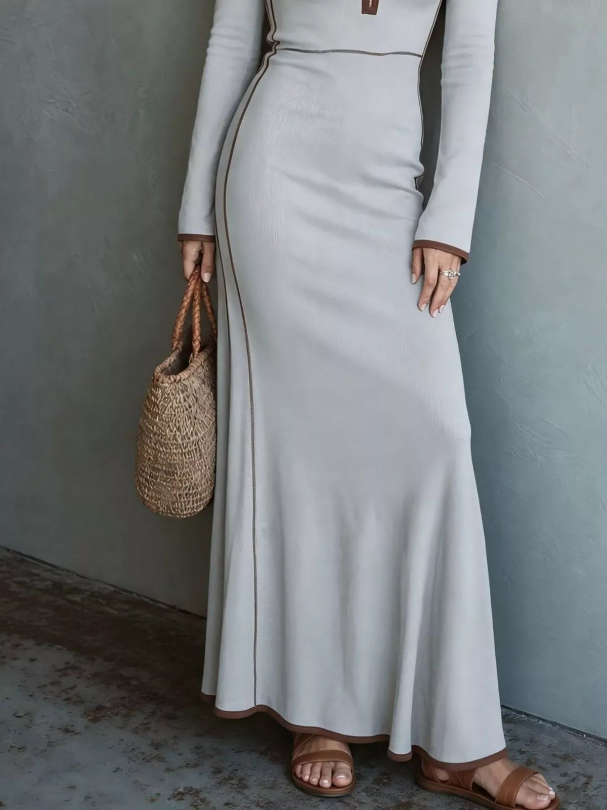 Full Size Contrast Trim Zip-Up Long Sleeve Knit Maxi Dress Plus Size - alternate view 6