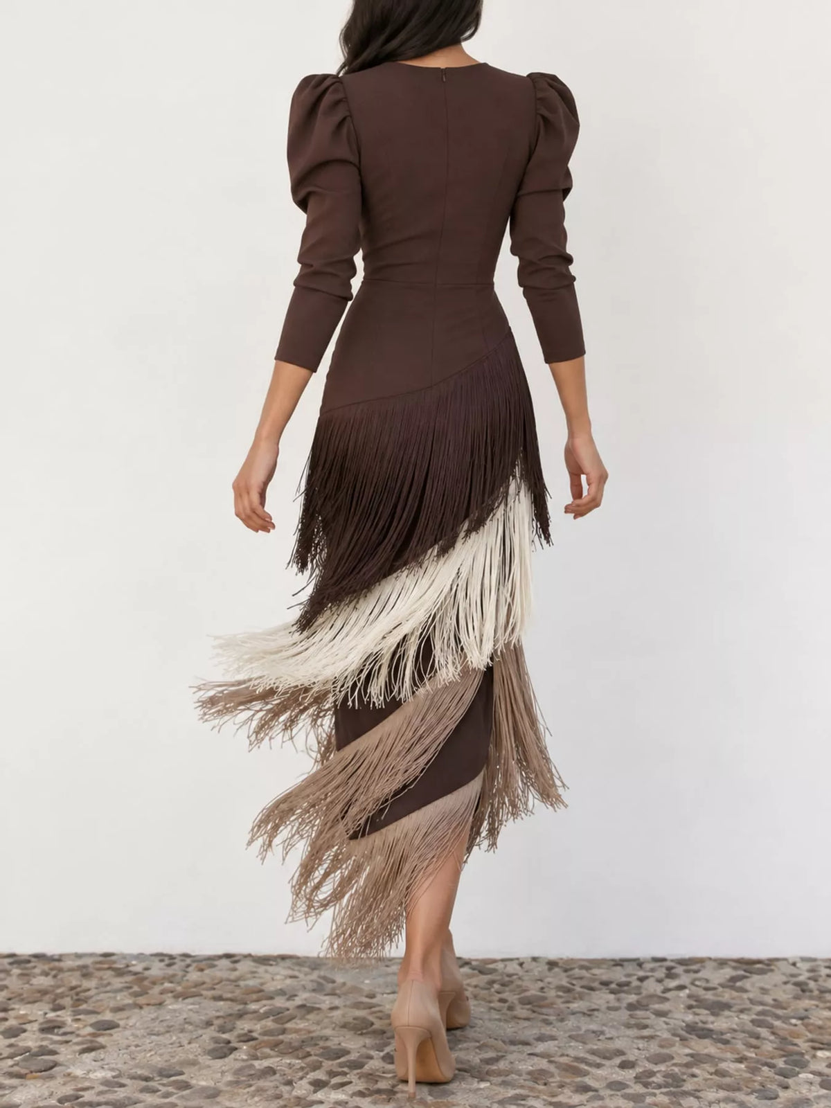 Fringed V-Neck Puff Sleeve Maxi Dress - alternate view 19