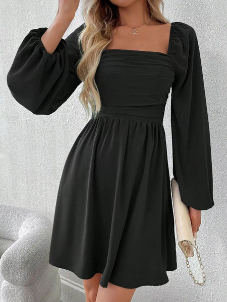 Ruched Square Neck Long Sleeve A-Line Dress - alternate view 11