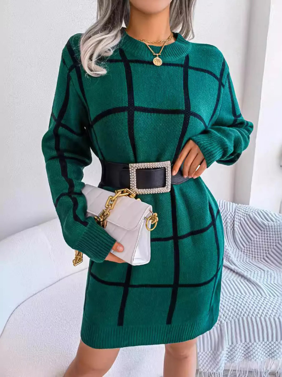Plaid Pattern Long Sleeve Sweater Dress - alternate view 2