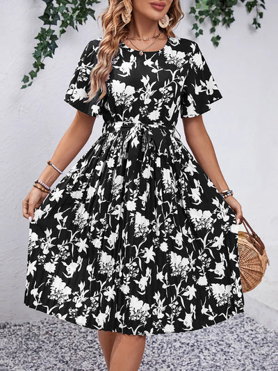 Perfee Printed Round Neck Short Sleeve Dress - alternate view 5