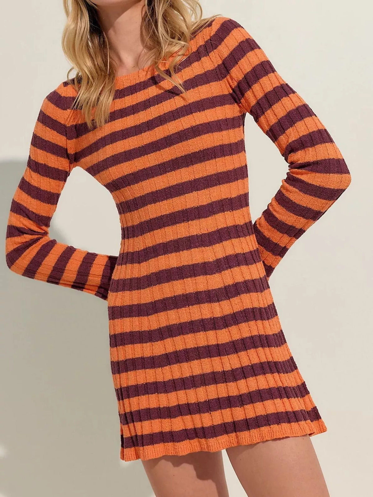 Striped Ribbed Knit Long Sleeve Sweater Dress - alternate view 6