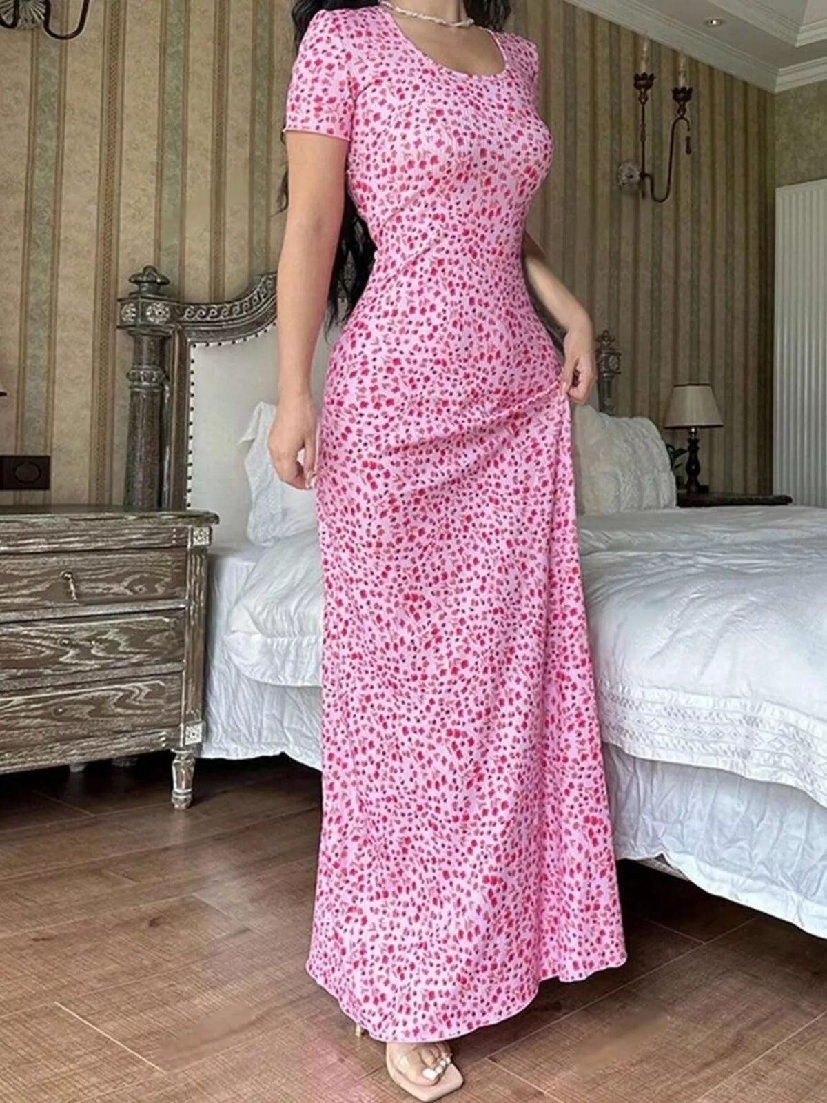 Floral Print Short Sleeve Maxi Dress - alternate view 5