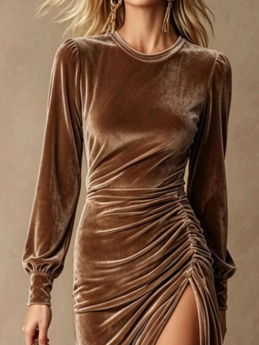 Velvet Ruched Long-Sleeve Slit Dress - alternate view 5
