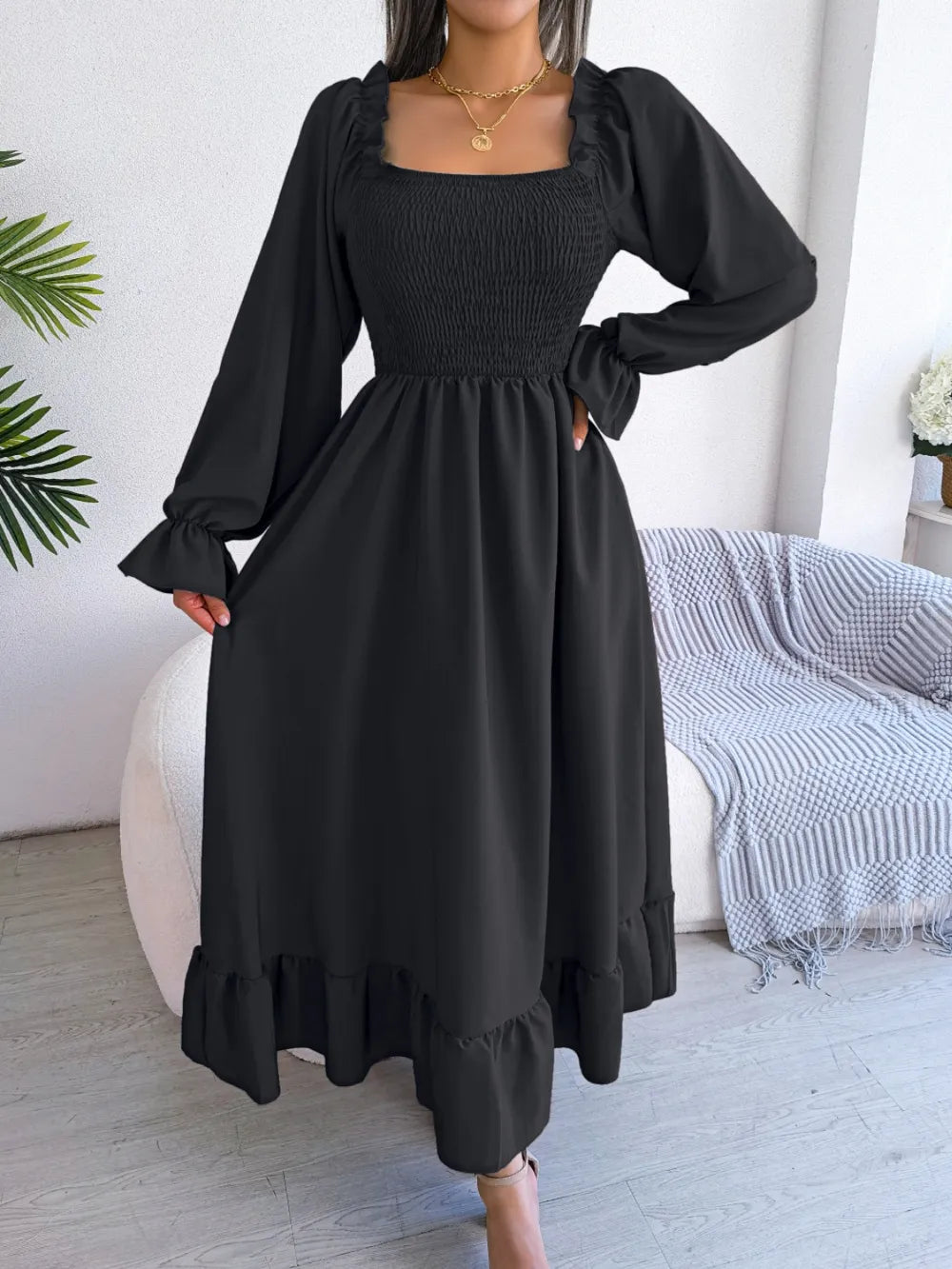 Smocked Square Neck Flounce Sleeve Dress - alternate view 20