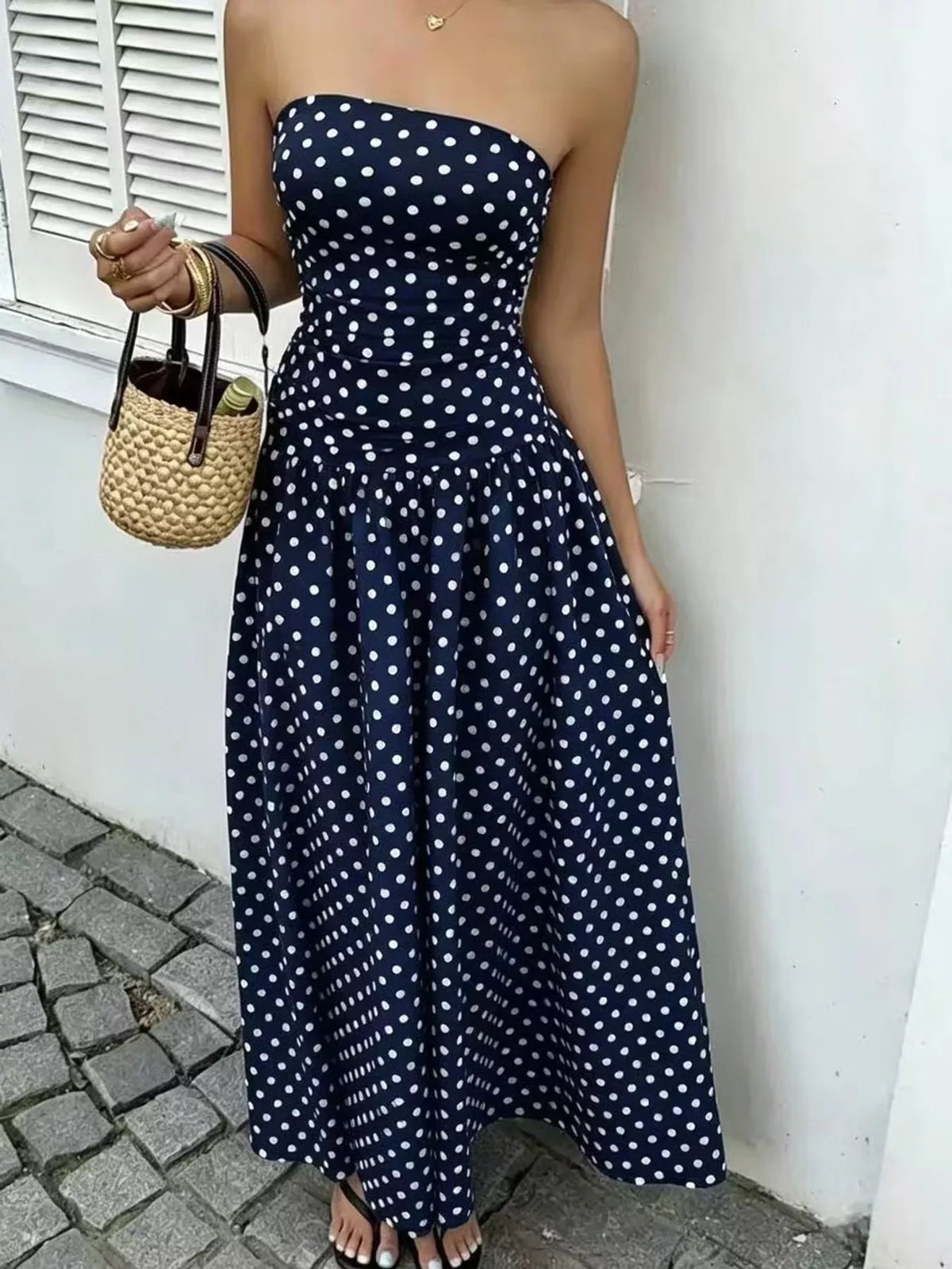 Strapless Polka Dot Ruched Maxi Dress - alternate view 29