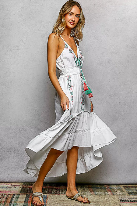 POL Embroidered Detail Tassel Tie Smocked Waist Midi Tiered Cami Dress - alternate view 4