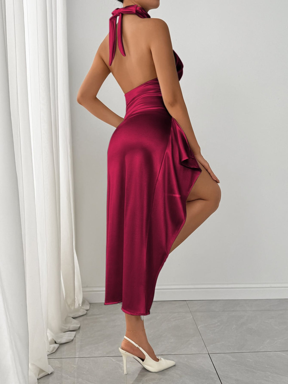 Halter Neck High Slit Satin Dress - alternate view 8