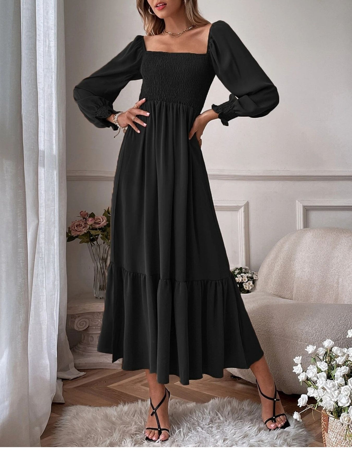 Smocked Long Sleeve Midi Dress - alternate view 2