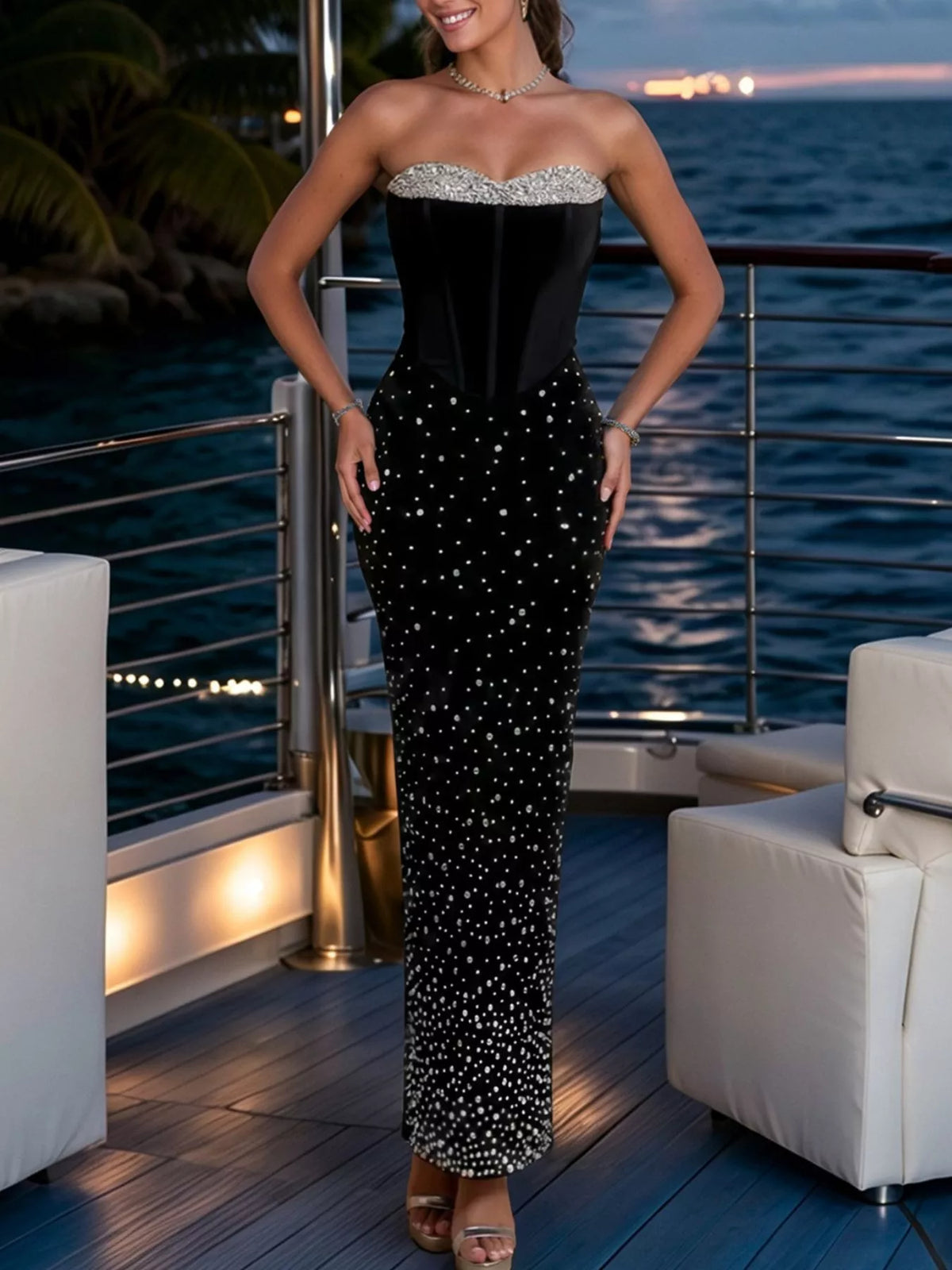 Rhinestone Slit Back Tube Maxi Dress - alternate view 2