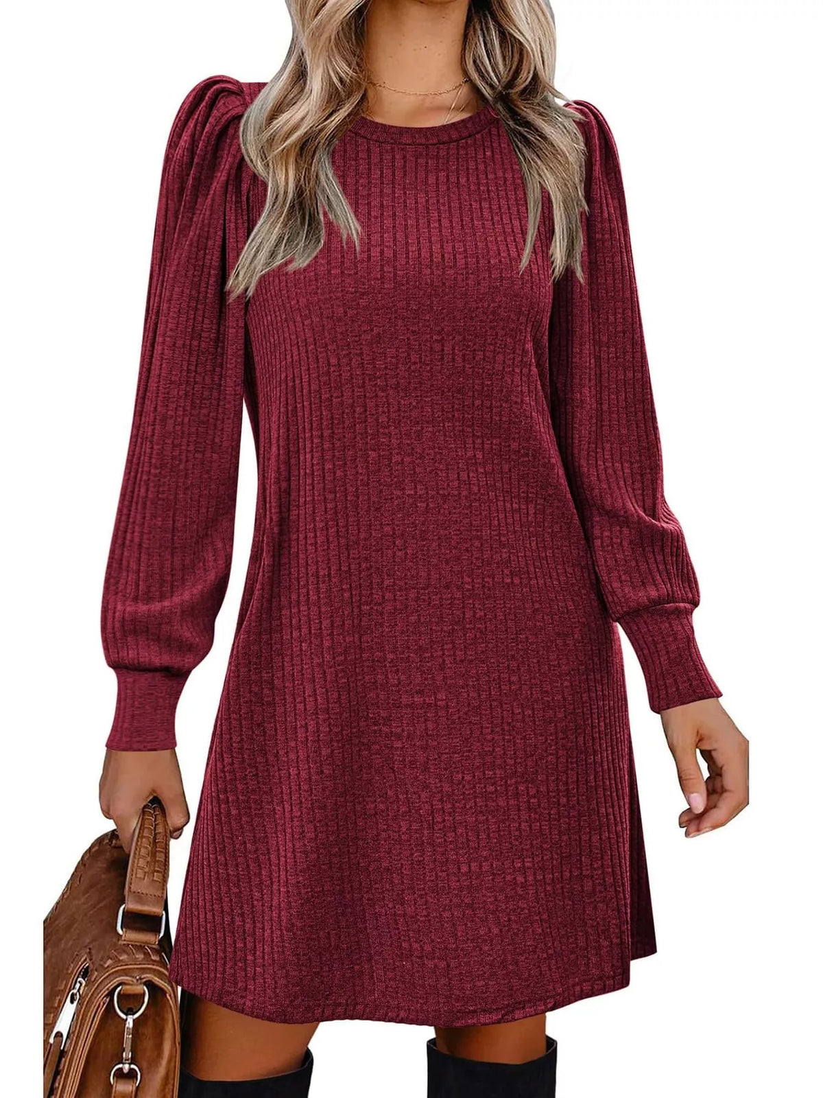 Puff Sleeve Ribbed Knit Dress with Pockets - alternate view 9